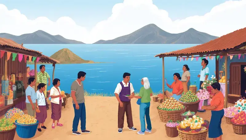 Turistas interactuando con la comunidad local en Atitlán.