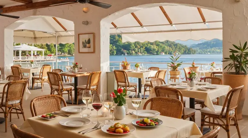 Ambiente acogedor del Restaurante La Luna con vista al lago.