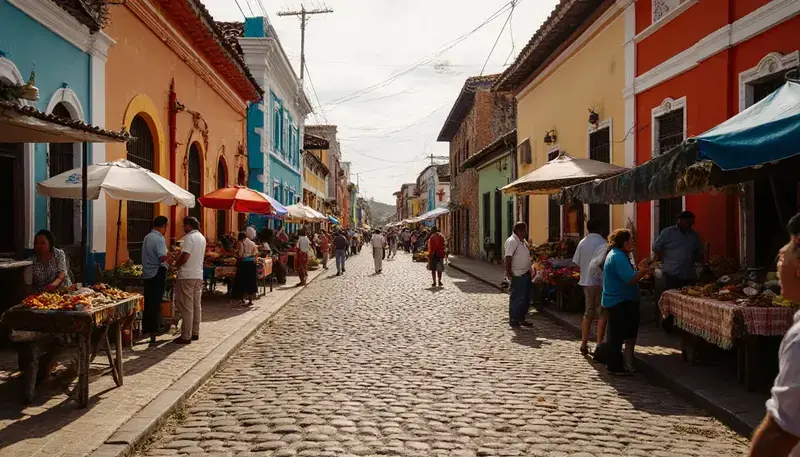 Vista de calles empedradas y arquitectura colonial en Flores Petén.